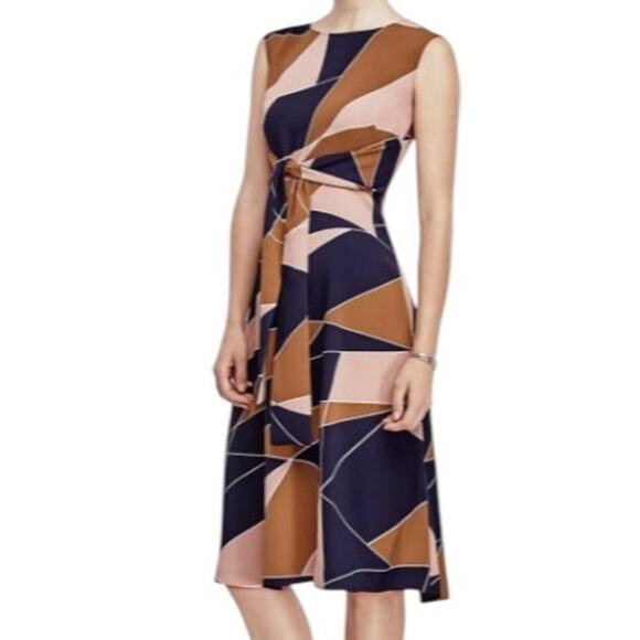 Ann Taylor Modern Geo Tie Waist A-Line Dress Color Block Size 8P Career Office - Picture 1 of 13